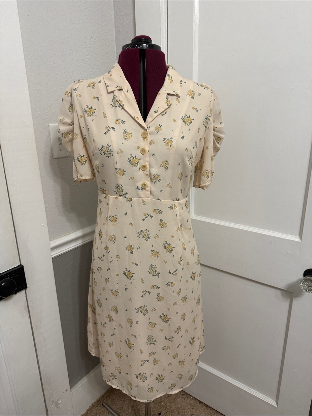 Cream Floral Midi Shirt Dress with Button Front
